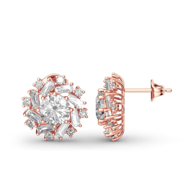 Round & Baguette Cut Diamond Stud Earring in 14K Rose Gold - Image 3